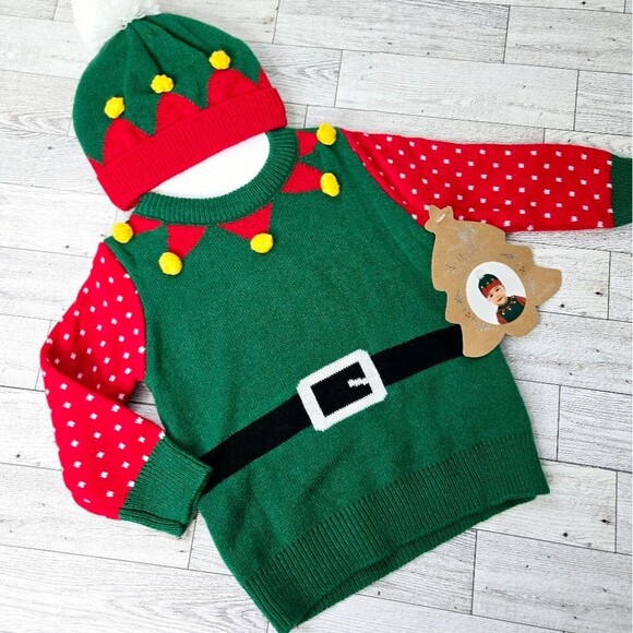 So'Dorable Baby Elf Holiday Christmas Sweater Set Matching Hat Beanie 6-12 Month - Picture 1 of 7